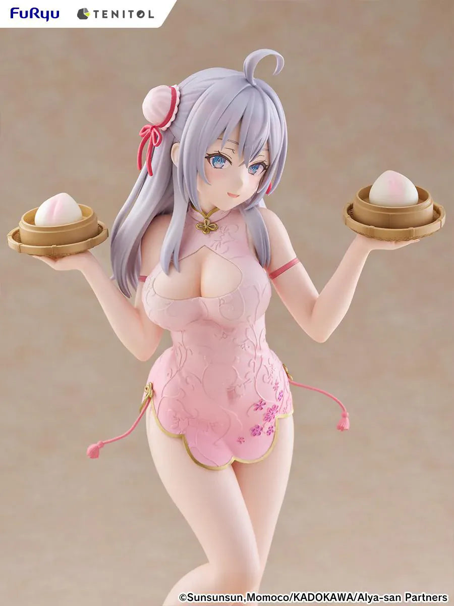 Alya Sometimes Hides Her Feelings in Russian TENITOL TALL Alya Cheongsam ver. Figure featuring Alya with long silver hair, pink cheongsam outfit, steamed bun accessories, and pink shoes.