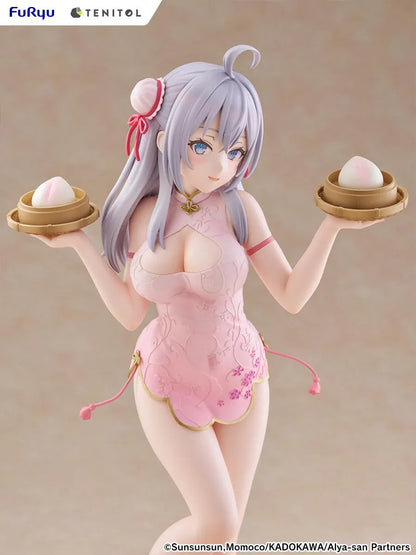 Alya Sometimes Hides Her Feelings in Russian TENITOL TALL Alya Cheongsam ver. Figure featuring Alya with long silver hair, pink cheongsam outfit, steamed bun accessories, and pink shoes.