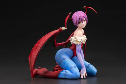 Darkstalkers Lilith 1/7 Scale Figure featuring Lilith with purple hair, bat wing accents, red-and-blue outfit details, and a playful seated pose.
