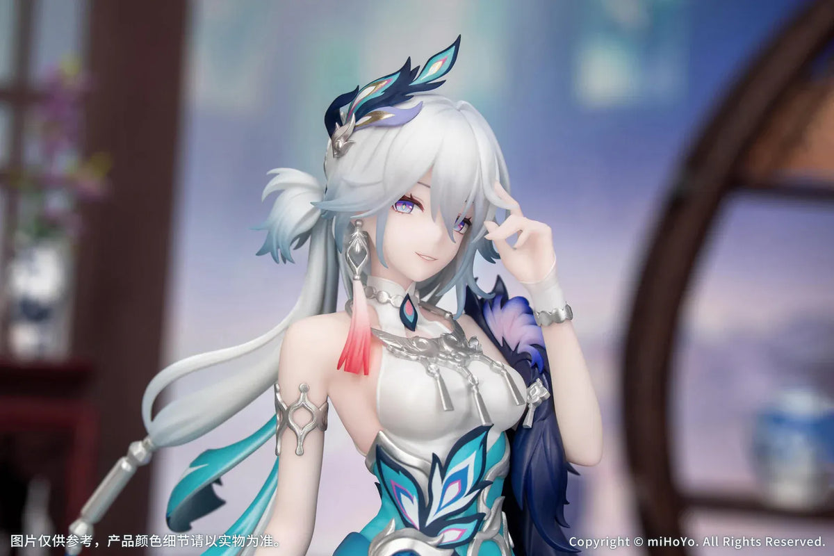 Yao Guang 1/8 scale figure wearing an elegant white-and-teal outfit with silver ornaments and feather-inspired decorations.