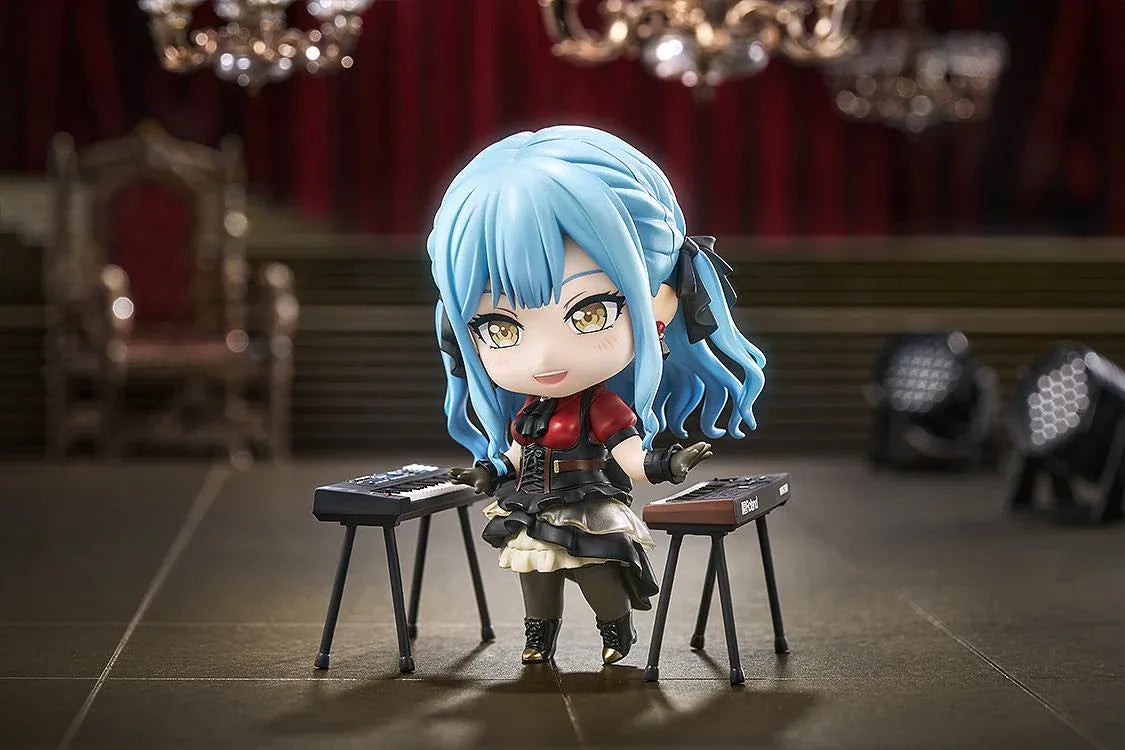 BanG Dream Nendoroid Oblivionis Figure with blue twin-tail hair, black masquerade mask, gothic outfit, and seated pose