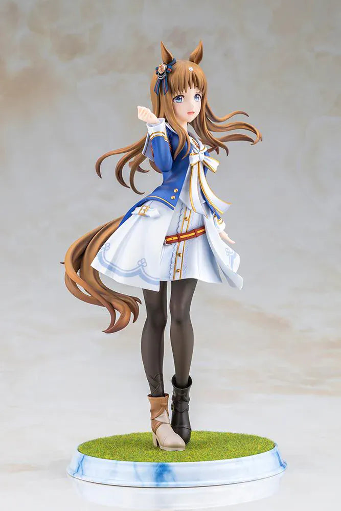 UmaMusume Pretty Derby Grass Wonder 1/7 Scale Figure with brown hair, horse ears, blue-and-white outfit, and grass display base
