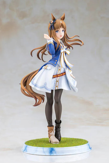 UmaMusume Pretty Derby Grass Wonder 1/7 Scale Figure with brown hair, horse ears, blue-and-white outfit, and grass display base
