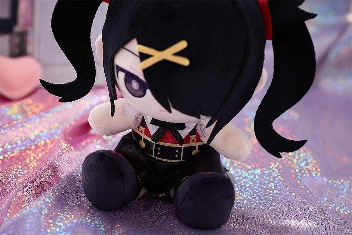 NEEDY GIRL OVERDOSE Ame-chan Punipuni plushie with black twin-tails, yellow hair clips, an embroidered purple eye, and a red and black outfit.