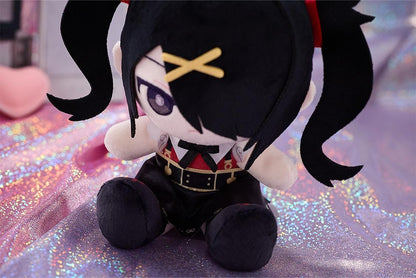 NEEDY GIRL OVERDOSE Ame-chan Punipuni plushie with black twin-tails, yellow hair clips, an embroidered purple eye, and a red and black outfit.