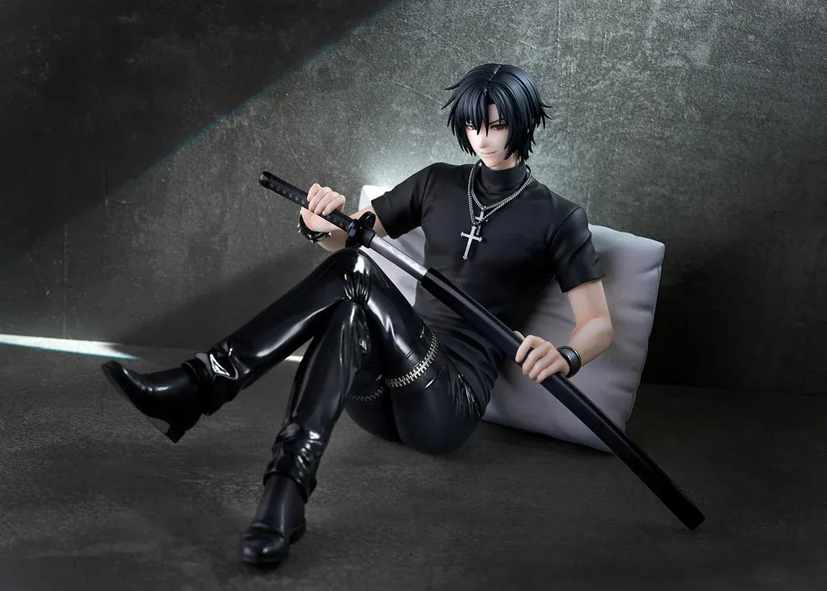 Shiki 1/7 scale figure from Togainu no Chi sitting with sword wearing black outfit on cushion base