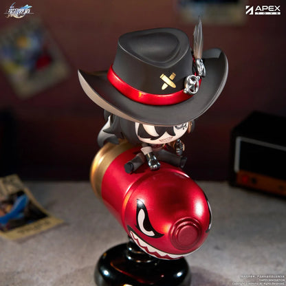 Honkai Star Rail Happy Shake Boothill Chibi Figure sitting on a red spring-mounted rocking base with his signature cowboy hat