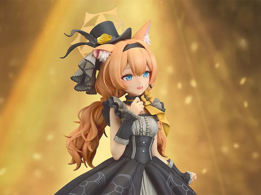Scale figure of Mari from Blue Archive in her Pop Idol outfit, wearing a black and gray frilled dress with cat ears, hat, and ribboned heels on a yellow base.