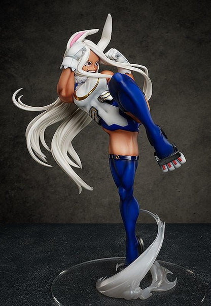My Hero Academia Mirko 1/4 Scale Figure mid-kick pose with white hair, blue suit, and smoke-effect base