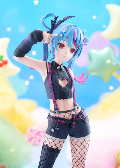 Hatsune Miku DecoMiku Darkness L Size figure with blue and pink twin-tails, a black heart-cutout top, dark shorts, fishnets, and pink-laced boots.