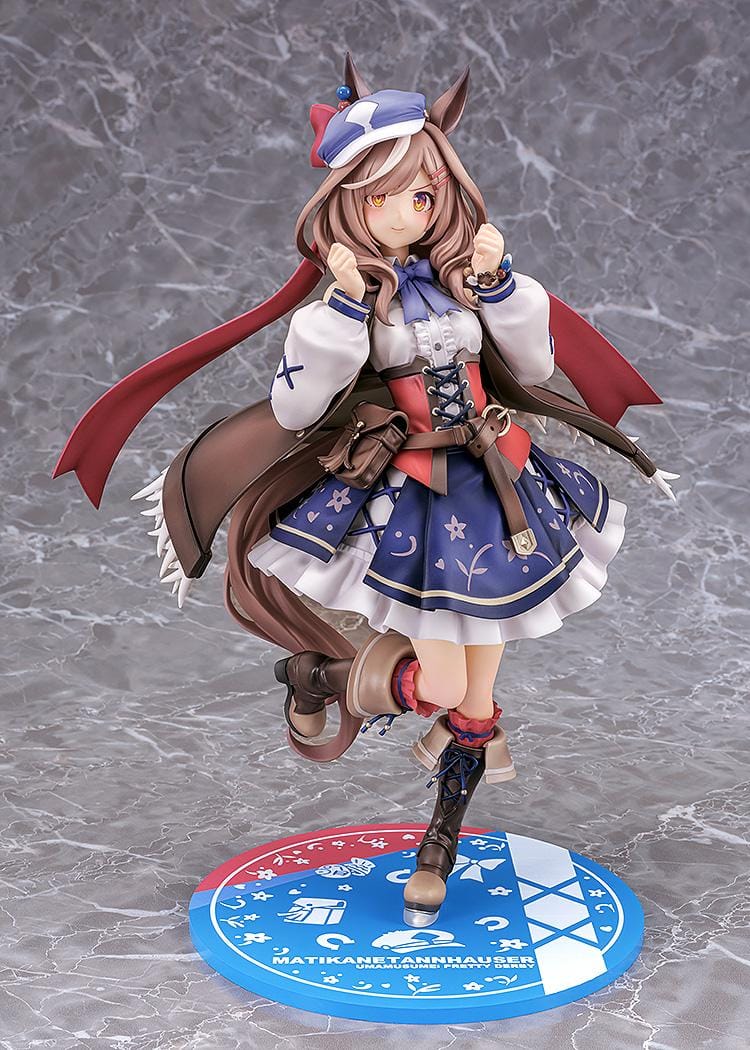 Umamusume Pretty Derby Matikanetannhauser 1/7 scale rerelease figure in a blue-and-red outfit with a flowing cape and themed display base.