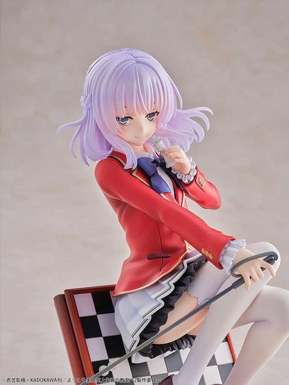 Classroom of the Elite Arisu Sakayanagi 1/7 Scale Figure featuring Arisu seated on a chessboard-style display with beret, red blazer, cane accessory, and round base.