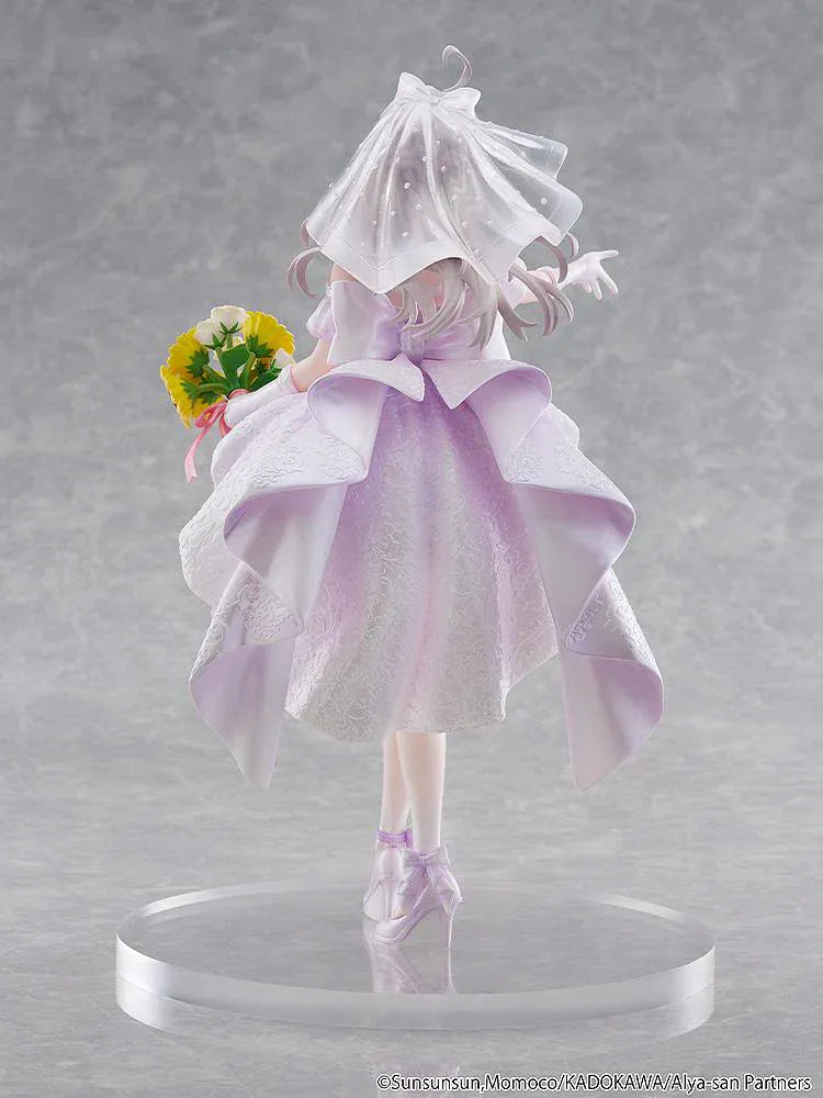 “KD Colle Alisa Mikhailovna Kujou Wedding Dress Ver. 1/7 Scale Figure standing in a flowing white and pink bridal gown holding a flower bouquet.”