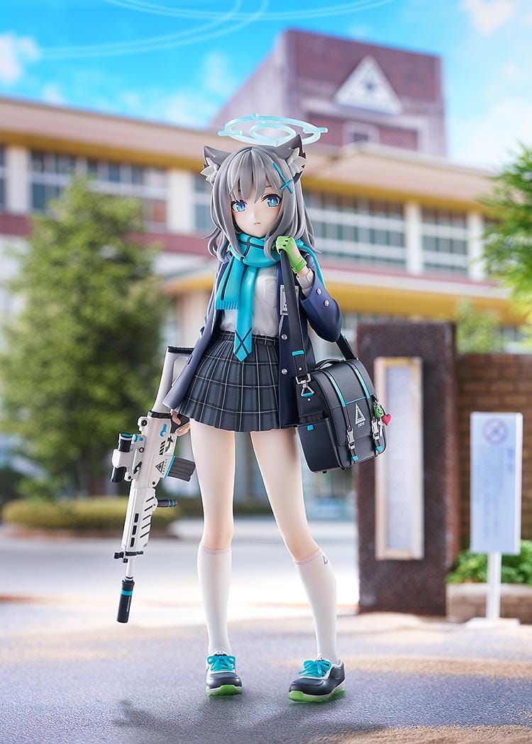 Blue Archive Shiroko 1/7 Scale Figure with silver-gray hair, wolf ears, blue halo, scarf, shoulder bag, and weapon accessory