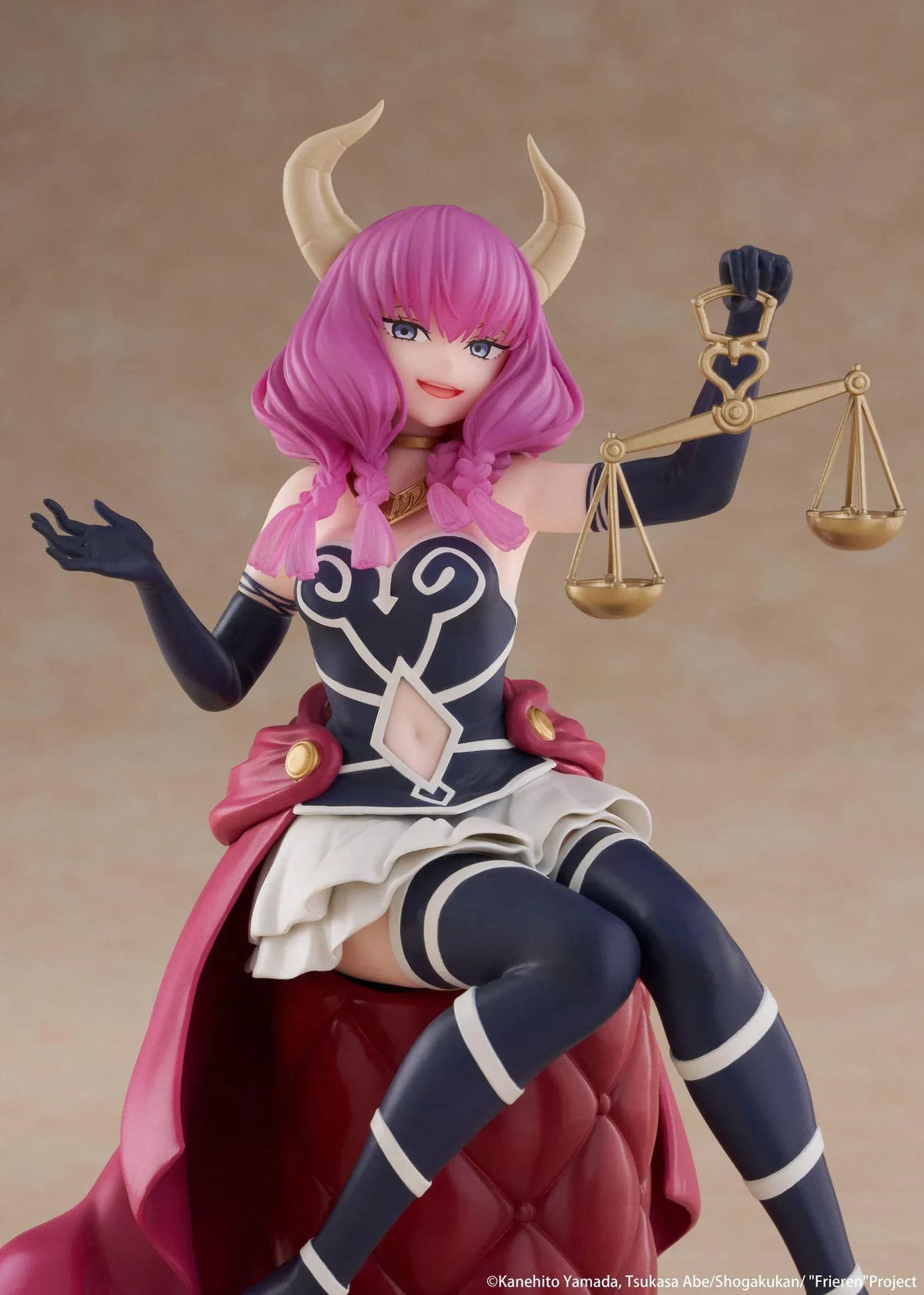 Desktop Cute Aura figure seated on a burgundy tufted stool, with purple hair, curved horns, a dark outfit, and golden balance scales held aloft.