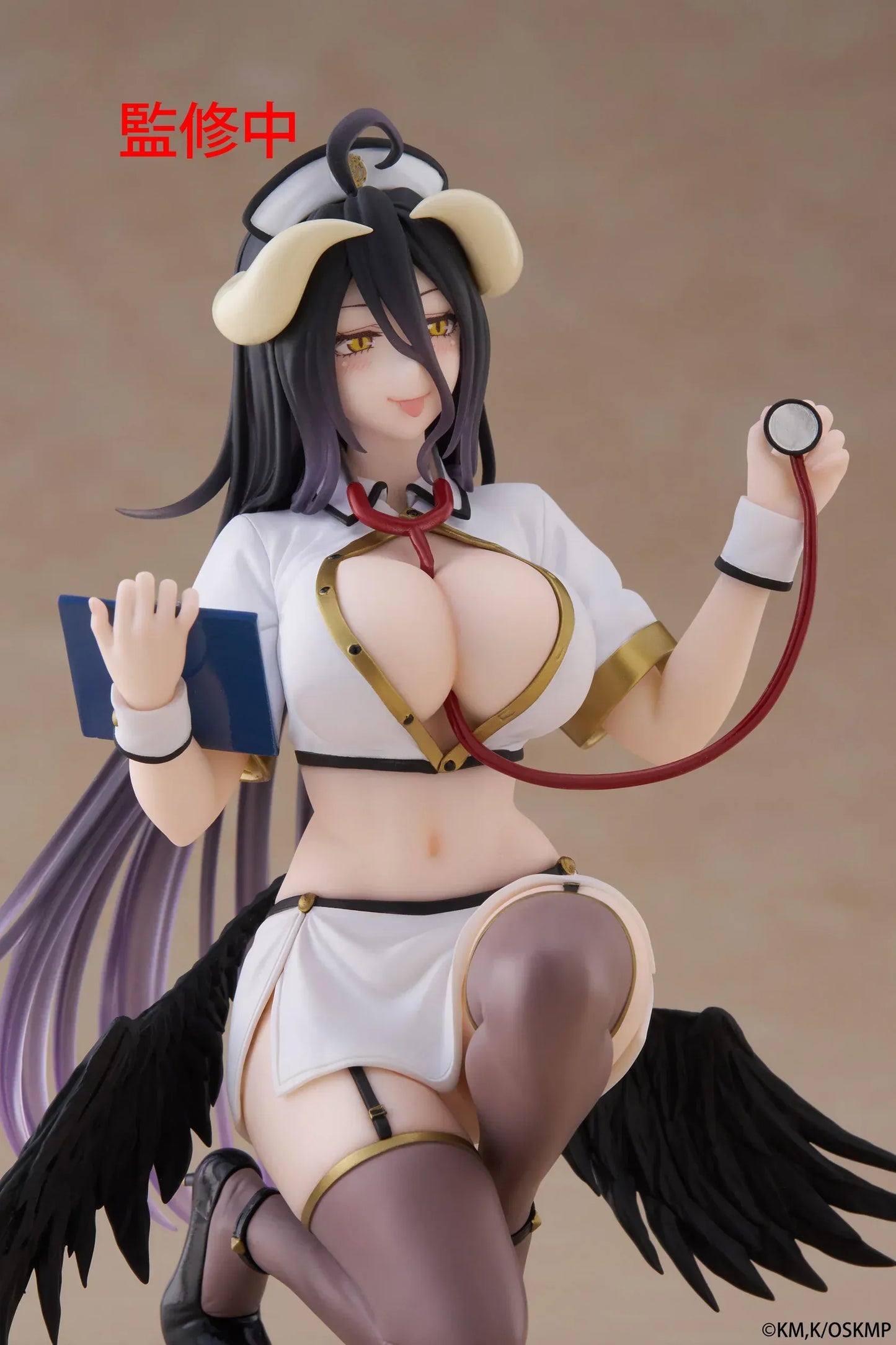 Overlord Desktop Cute Albedo (Nurse Ver.) Figure featuring Albedo in a white nurse outfit with wings, stethoscope, and elegant smile.