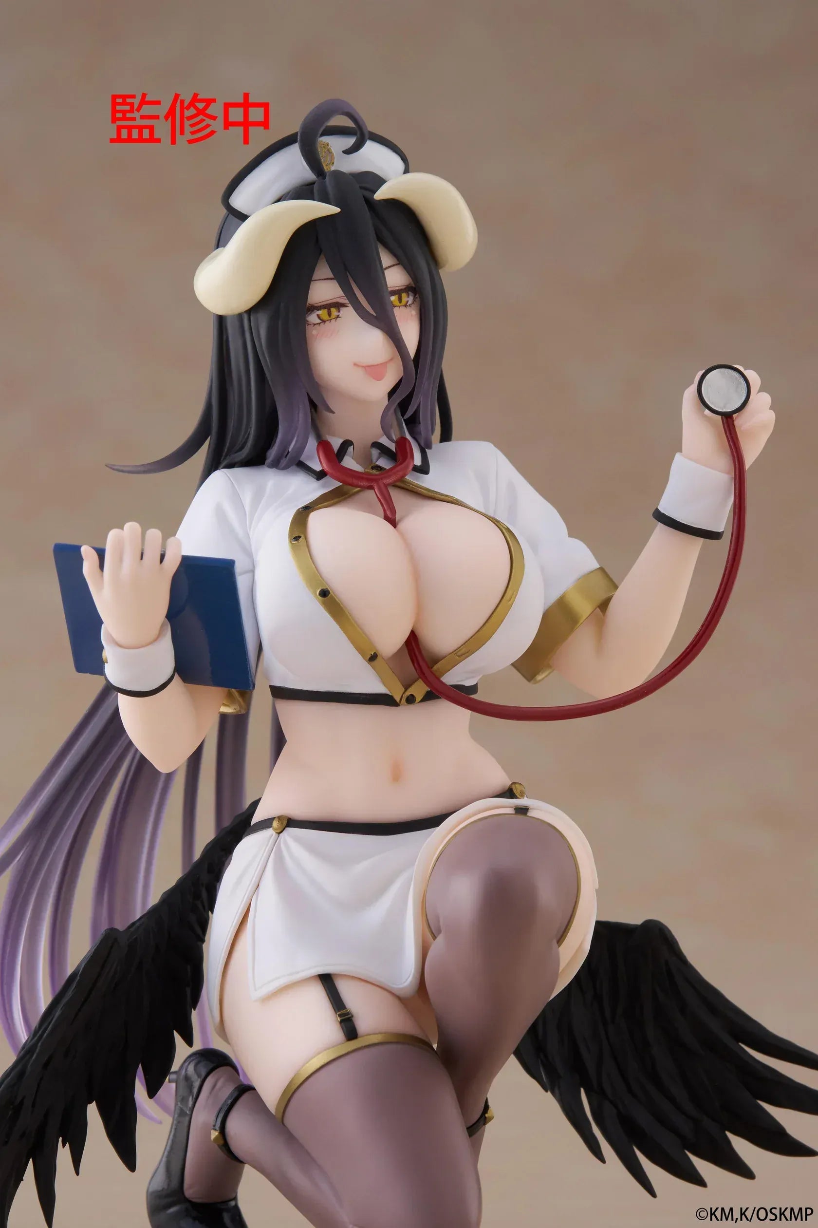 Overlord Desktop Cute Albedo (Nurse Ver.) Figure featuring Albedo in a white nurse outfit with wings, stethoscope, and elegant smile.