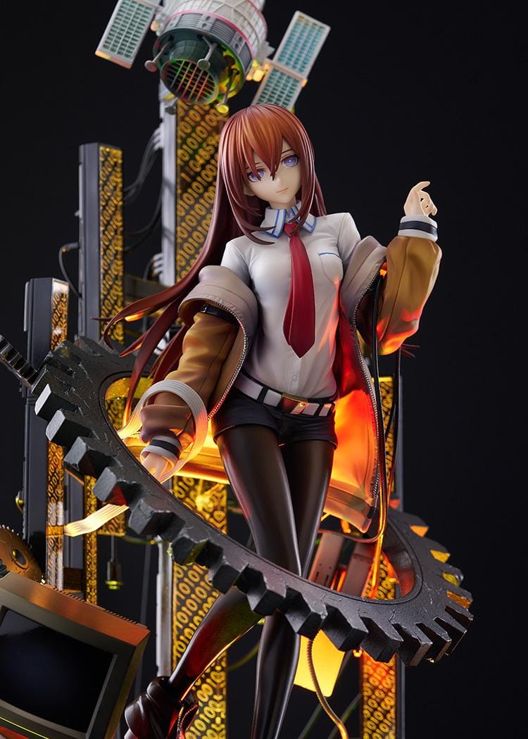 Kurisu Makise 1/7 scale figure surrounded by gears, binary-patterned panels, a satellite, retro monitor, and computer equipment with red-orange accents.