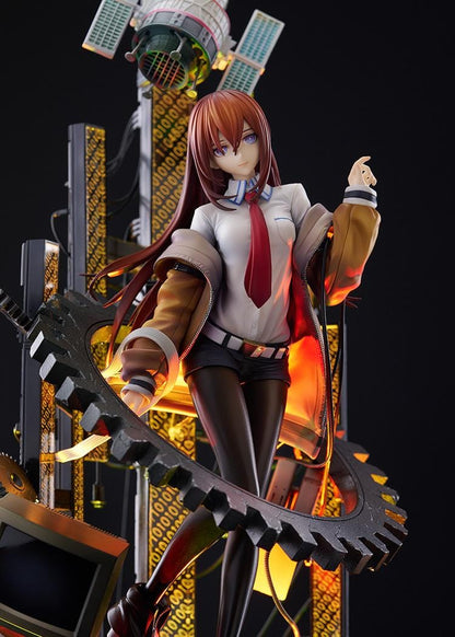Kurisu Makise 1/7 scale figure surrounded by gears, binary-patterned panels, a satellite, retro monitor, and computer equipment with red-orange accents.