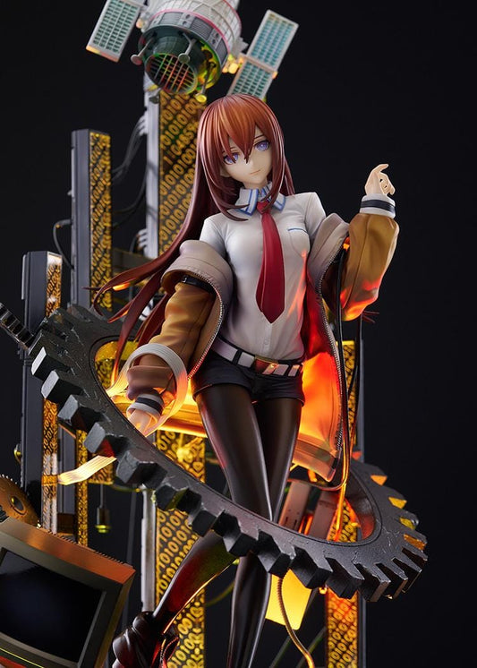 Kurisu Makise 1/7 scale figure surrounded by gears, binary-patterned panels, a satellite, retro monitor, and computer equipment with red-orange accents.