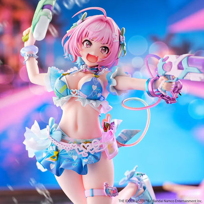 Riamu Yumemi 1/6 scale figure from The Idolmaster Cinderella Girls in pastel blue idol outfit holding water gun accessory on clear display base