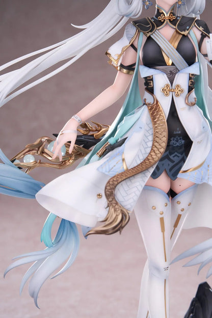 Wuthering Waves Jinhsi 1/7 Scale Figure with long white hair, elegant blue and gold outfit, flowing accessories, water-style display base, and bonus item
