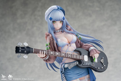 Girls' Frontline Klukai 10th Anniversary 1/6 scale figure with pale blue hair, a beret, brown jacket, blue skirt, and black bass guitar.