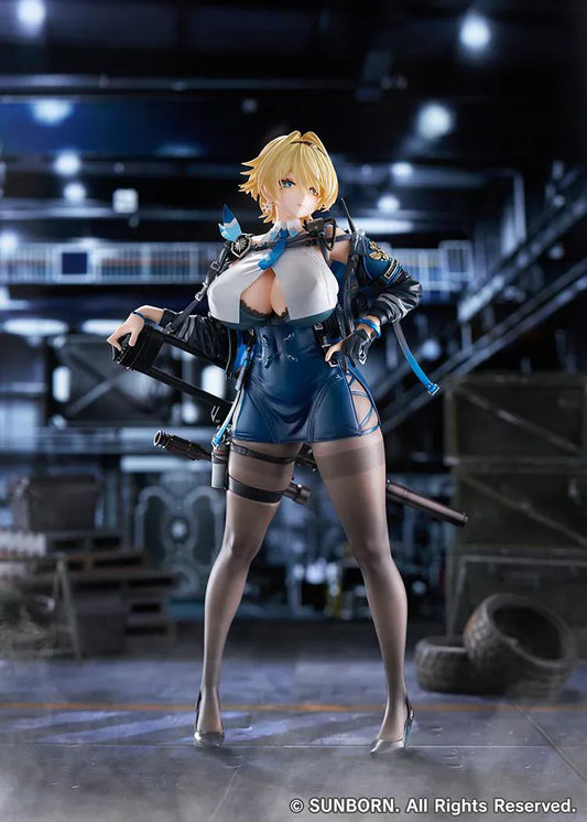 Girls' Frontline 2 Exilium Nikketa 1/6 Scale Figure with blonde hair, blue tactical outfit, weapon accessory styling, stockings, and display base