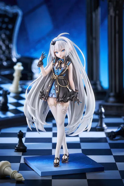 Stella Sora female Tyrant 1/7 scale figure with long silver-blue hair, a black-and-blue ruffled outfit, white stockings, and a blue display base.
