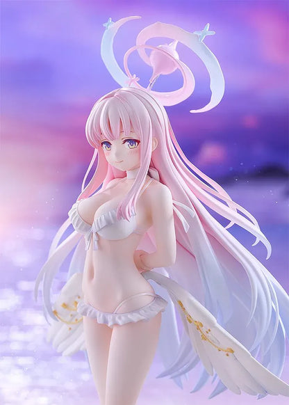 Blue Archive Mika Swimsuit figure with long pink and lavender hair, a white ruffled swimsuit, halo, feathered wings, and ribbon heels on a purple base.