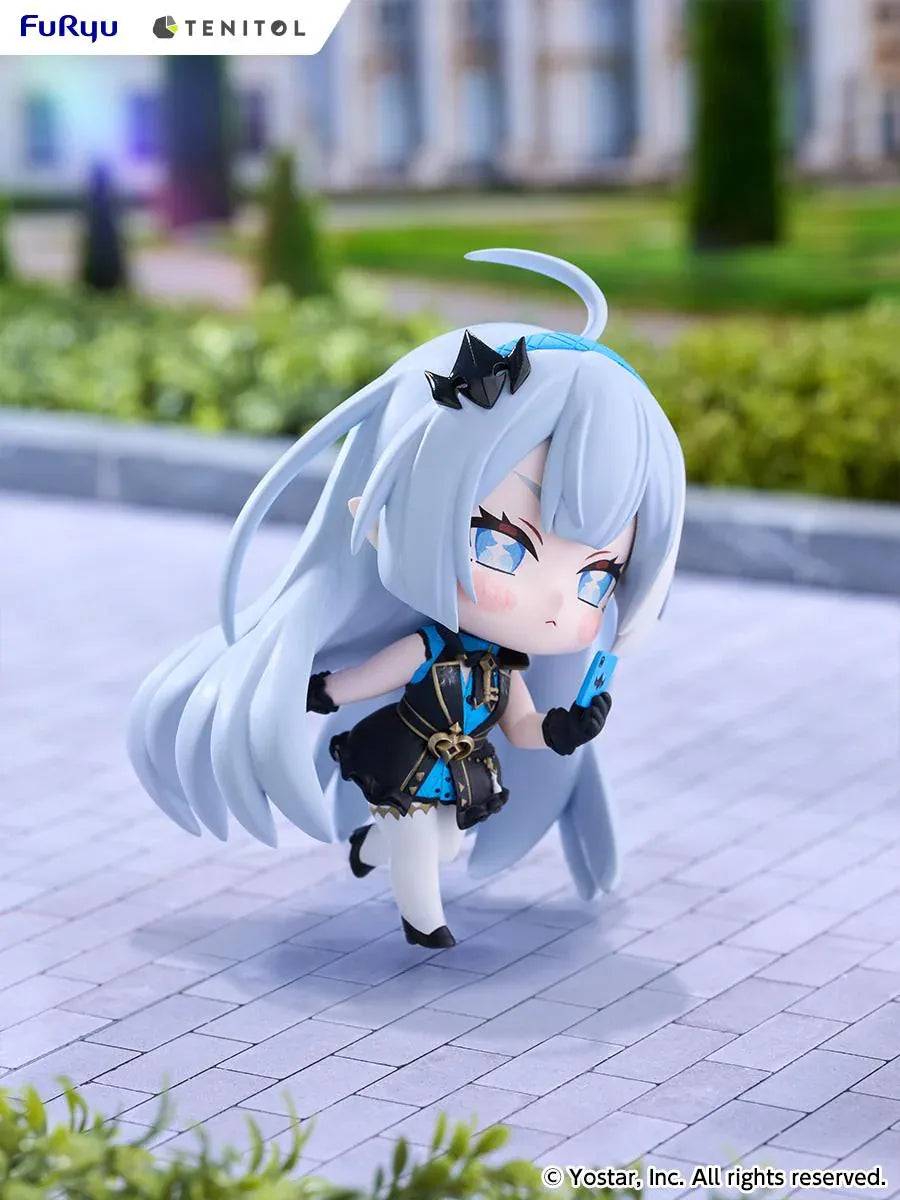 Stella Sora TENITOL Mini Tyrant Figure by FuRyu featuring a light-blue-haired anime girl with blue eyes wearing a black and blue outfit with gold accents, black gloves, and white stockings while holding a small blue device.