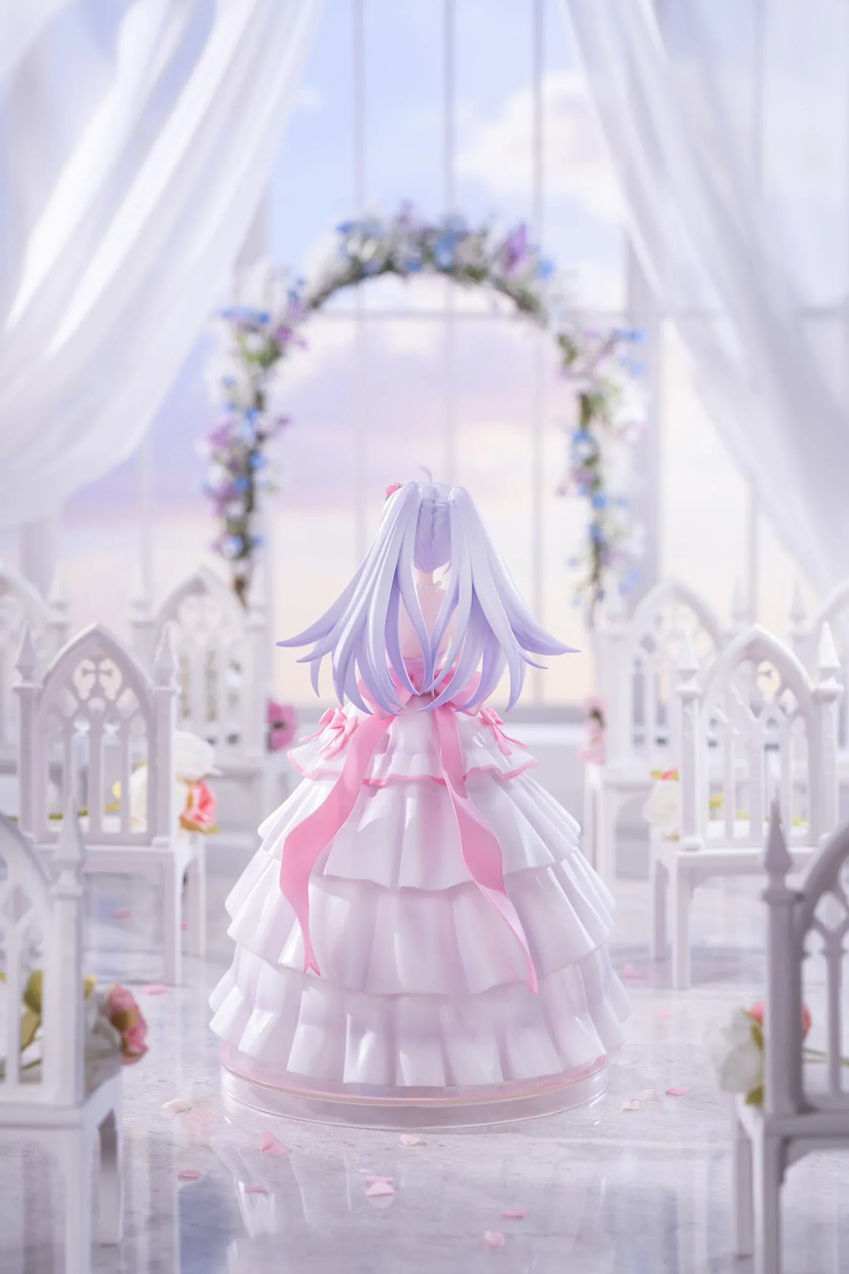 Plastic Memories Isla Wedding Dress Ver. 1/7 Scale Figure wearing a white and pink bridal gown while holding a rose bouquet