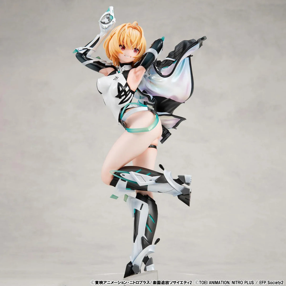 Lucrea Gabriel figure with golden hair, red eyes, black and white futuristic armor, turquoise accents, and a flowing iridescent-lined jacket.