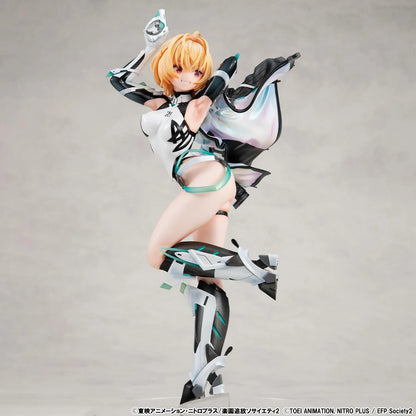 Lucrea Gabriel figure with golden hair, red eyes, black and white futuristic armor, turquoise accents, and a flowing iridescent-lined jacket.