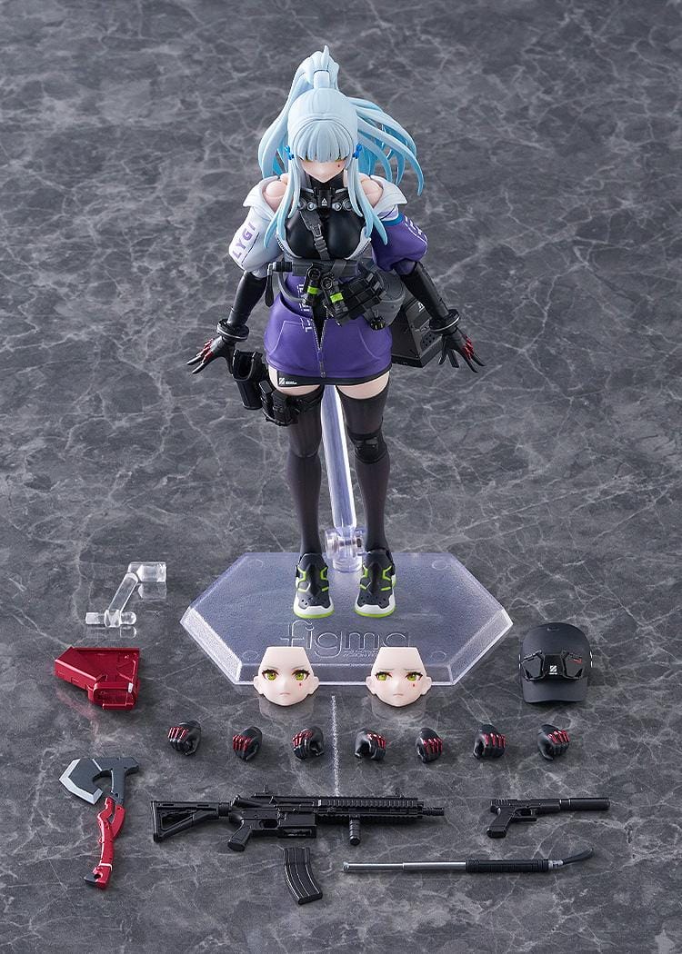 Girls' Frontline 2 Exilium figma Klukai Figure featuring Klukai with light blue hair, tactical outfit, purple jacket, weapon accessory, and futuristic gear details.