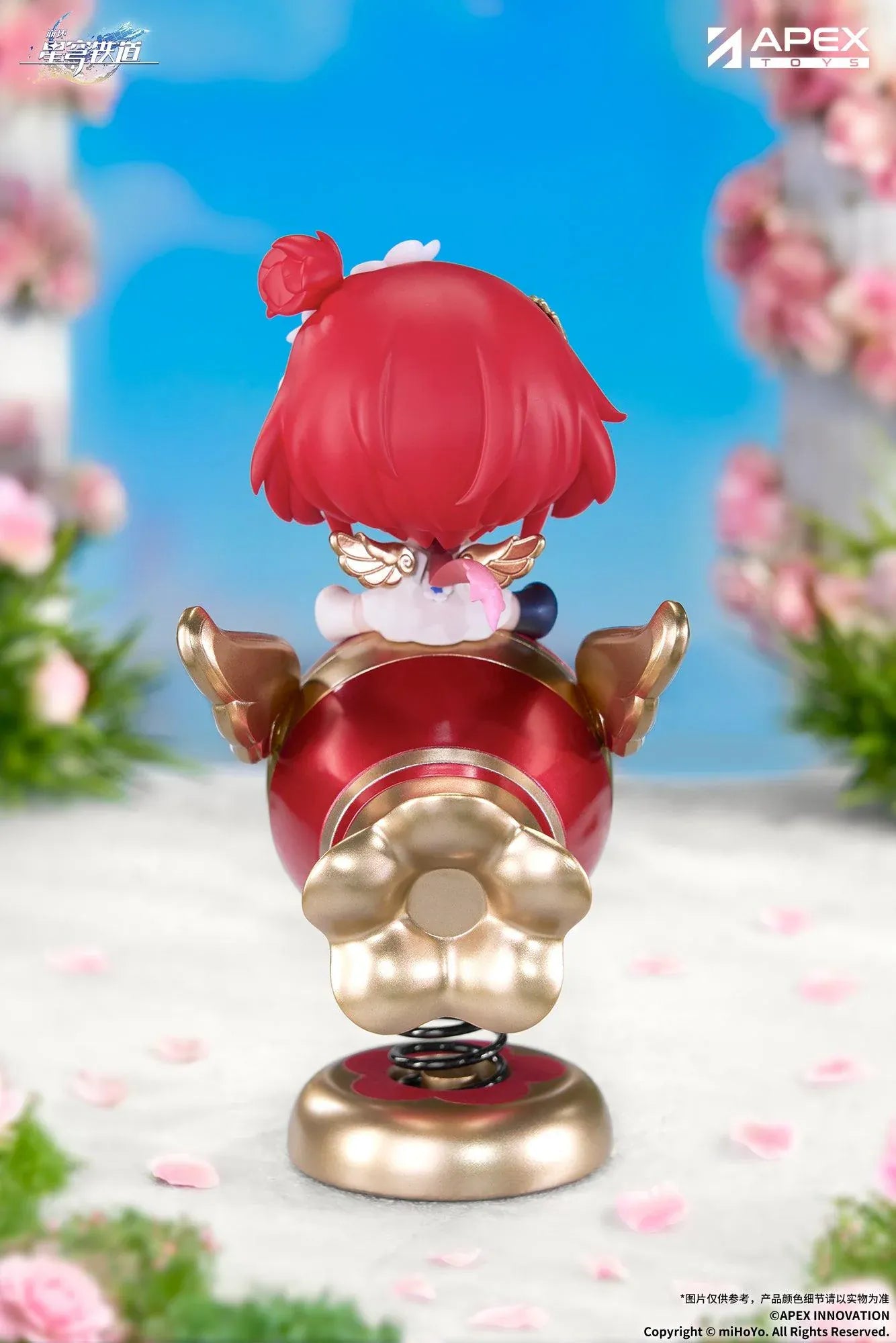Honkai Star Rail Tribbie Chibi Chara Yurayura Stand Non-Scale Figure with red hair, flower details, red-and-gold spring base, and chibi design