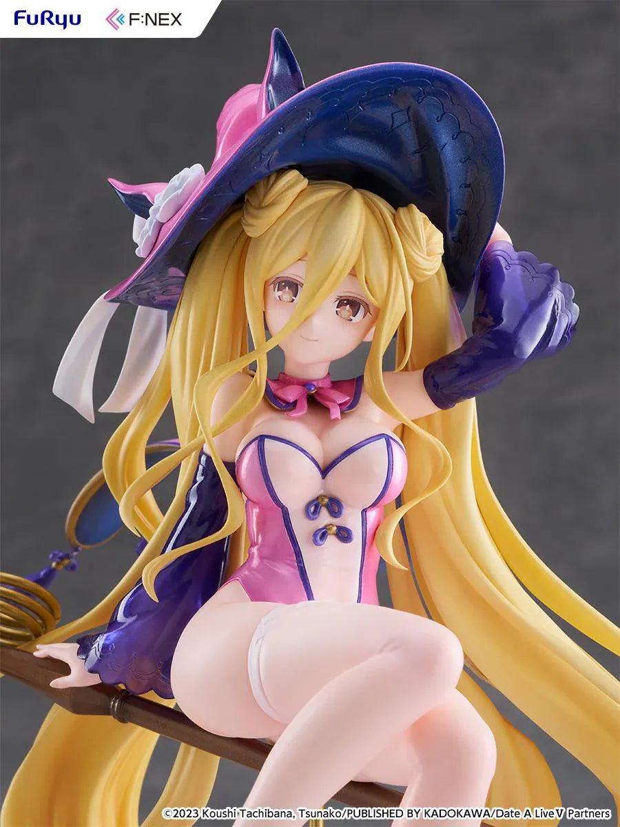 Date A Live V Mukuro Hoshimiya Witch Style Ver. 1/7 Scale Figure featuring Mukuro with long blonde hair, pink witch outfit, large witch hat, key-shaped staff, and magical display base.