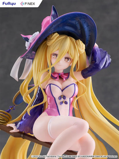 Date A Live V Mukuro Hoshimiya Witch Style Ver. 1/7 Scale Figure featuring Mukuro with long blonde hair, pink witch outfit, large witch hat, key-shaped staff, and magical display base.