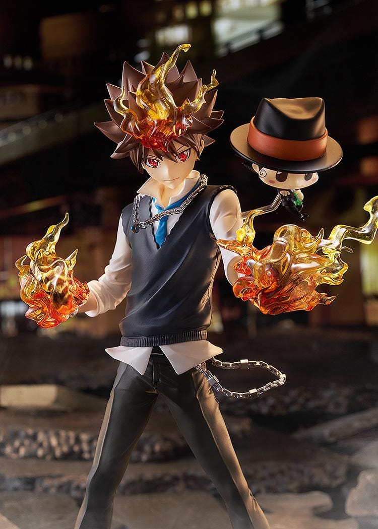 REBORN! POP UP PARADE SP Tsunayoshi Sawada and Reborn Figure featuring Tsuna with flame effects, chain accents, battle-ready pose, and Reborn beside him.