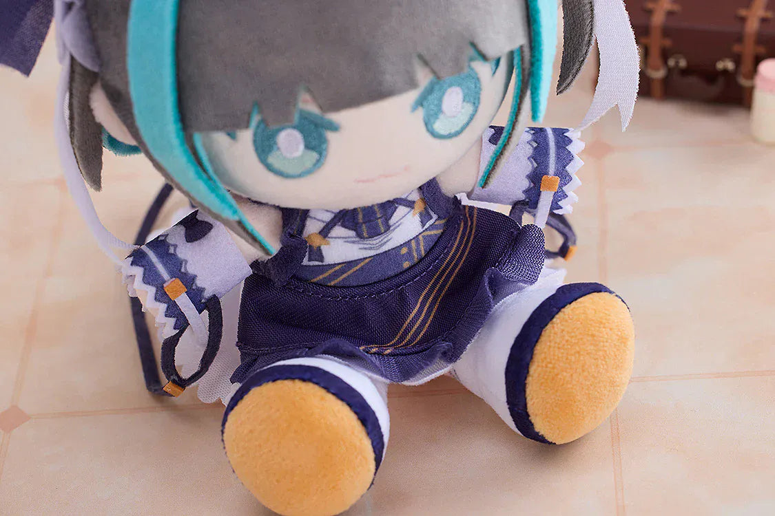 Azur Lane Cheshire Punipuni plushie with gray and teal hair, cat ears, embroidered eyes, and navy outfit sitting pose