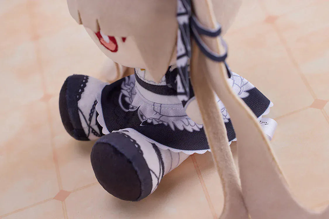 Azur Lane Formidable Punipuni plushie with long blonde twin tails, red embroidered eyes, and navy outfit in seated pose