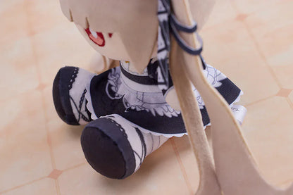 Azur Lane Formidable Punipuni plushie with long blonde twin tails, red embroidered eyes, and navy outfit in seated pose