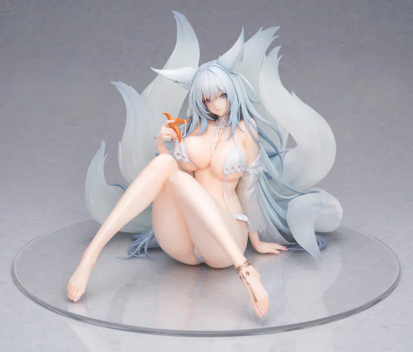Azur Lane Shinano Dreamy White Sands Ver. 1/6 Scale Figure featuring Shinano seated with pale blue hair, fox ears, flowing tails, white outfit details, and beach-inspired styling.