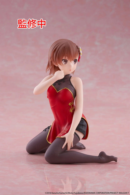 A Certain Scientific Railgun Desktop Cute Mikoto Misaka Chinese Dress Ver. Figure in red and black outfit kneeling with flower hair accessory