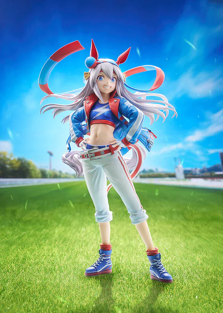 Uma Musume: Cinderella Gray Tamamo Cross 1/7 Scale Figure featuring Tamamo Cross in her vibrant blue and red racing jacket with confident pose and long flowing twin tails.