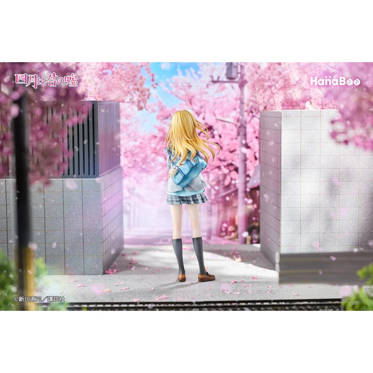 Your Lie in April Kaori Miyazono 1/6 scale figure with bonus featuring Kaori in her school uniform holding a black cat with a cherry blossom backdrop