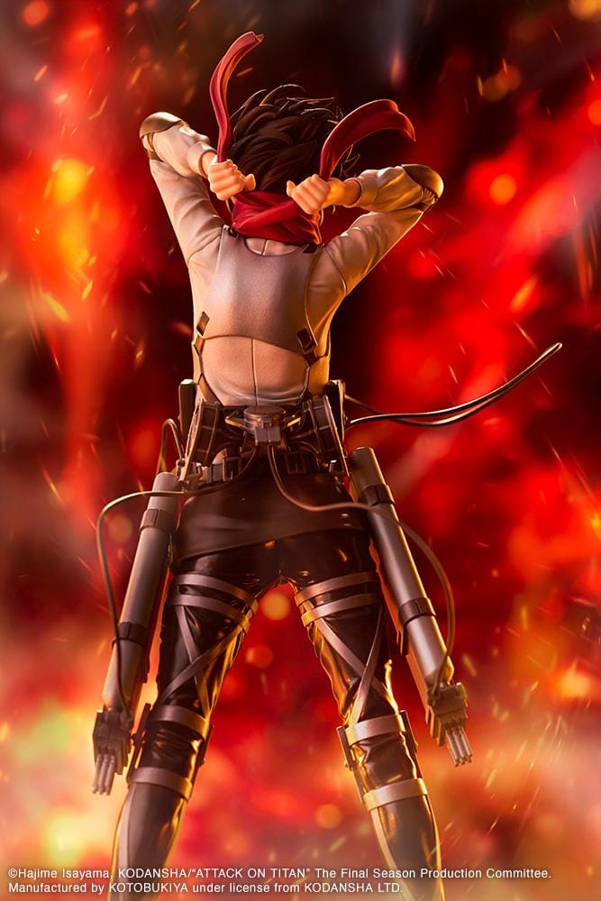 Attack on Titan Oshi Works Mikasa Ackerman The Final Season figure featuring Mikasa in her Survey Corps uniform adjusting her signature red scarf with detailed ODM gear