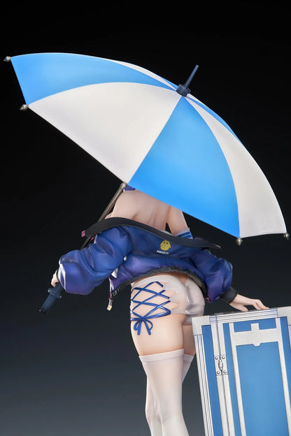 Azur Lane St. Louis Race Queen Ver. 1/7 Scale Figure with blue hair, umbrella, racing outfit, display cases, mascot detail, and bonus item