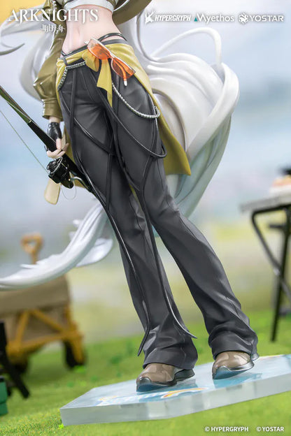 Arknights Gift+ Skadi Wildlight Wander Ver. 1/8 Scale Figure featuring Skadi with long white hair, fishing rod accessory, outdoor outfit, hat, and themed display base.