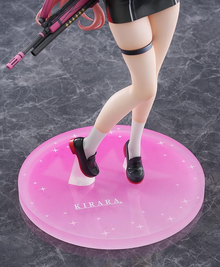 Blue Archive Kirara 1/7 scale figure with long pink hair, school uniform, pink and black weapon, halo, and translucent pink display base